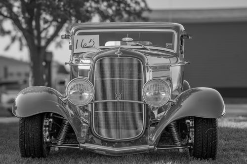 Free Black and white image of a classic hot rod coupe parked outdoors in Indiana. Stock Photo