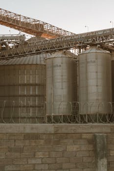 A view of large metal grain silos under clear evening skies with industrial infrastructure.