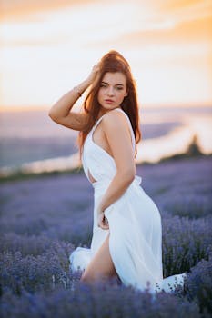 Young woman in white dress posing gracefully in a lavender field during sunset.