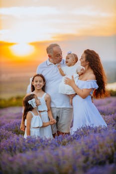 A happy family surrounded by blooming lavender fields at sunset, capturing a moment of love and togetherness.