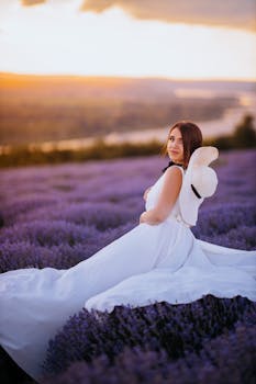 A woman in a flowing white dress enjoys a sunset in a lavender field, wearing a stylish hat.