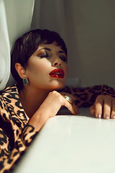 Chic woman in leopard print basking in warm sunlight indoors, showcasing bold fashion and elegance.