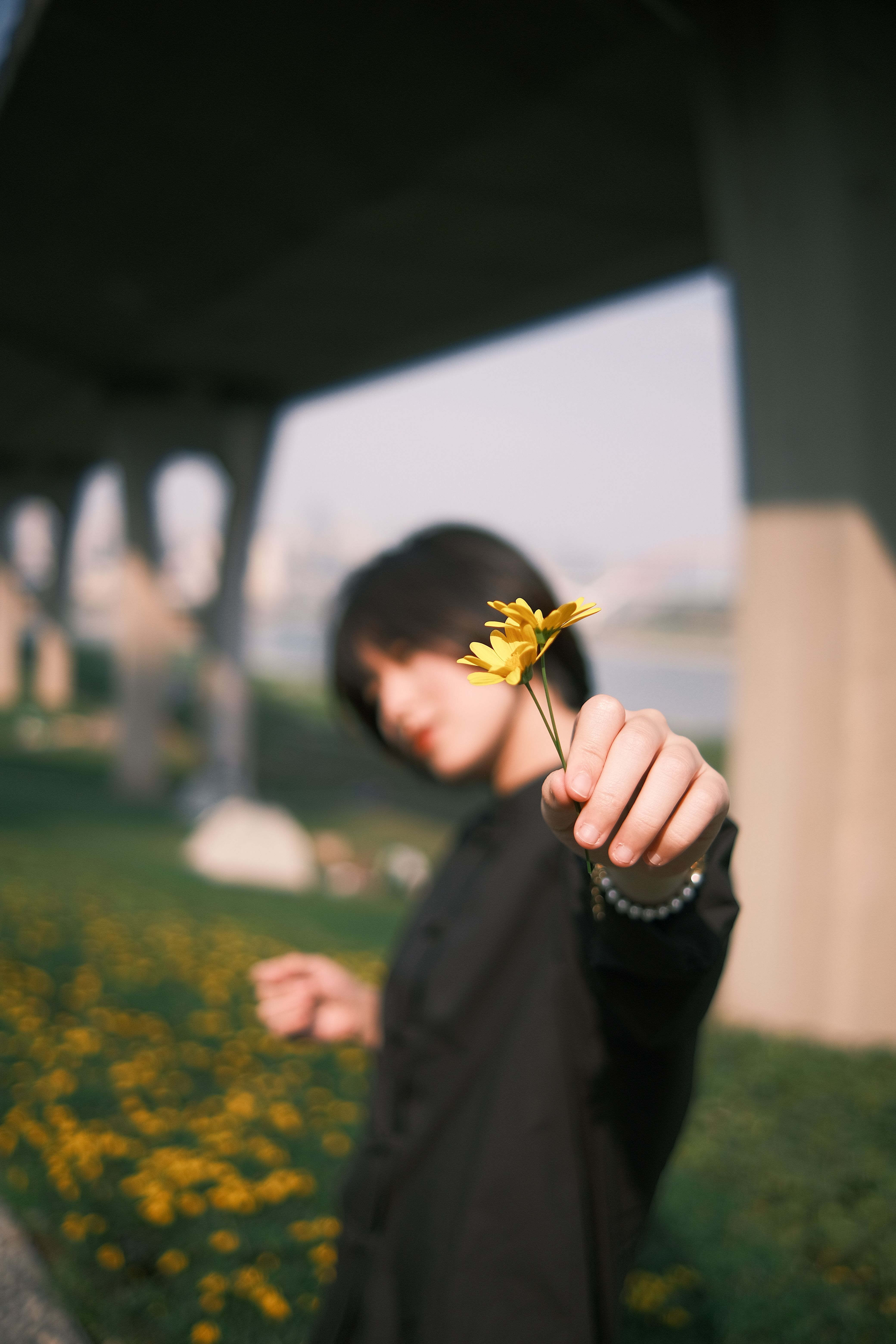 Person Holding a Yellow Flower Under Bridge · Free Stock Photo