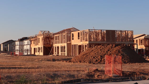 Wooden frames of new homes under construction in Elk Grove, California during sunset.