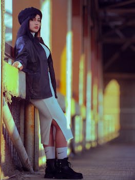Young woman in chic attire leaning on railing in urban environment with sunset lighting.
