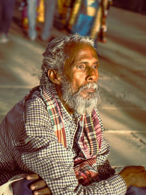 Free Portrait of an elderly man with a long beard sitting thoughtfully in warm sunlight. Stock Photo