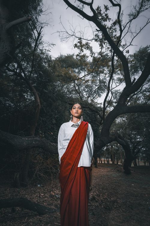 Free Stylish portrait of a woman wearing a modern saree in an outdoor forest scene. Stock Photo