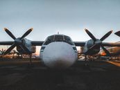 Front view of a vintage aircraft with propellers on display in Ulyanovsk, Russia.