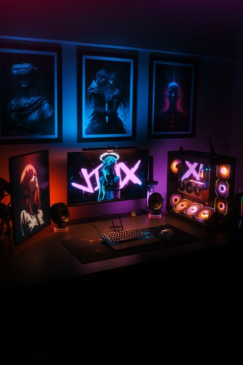 Comp Cs Setup Colorful Gaming Setup with Neon Lights and Art · Free Stock Photo