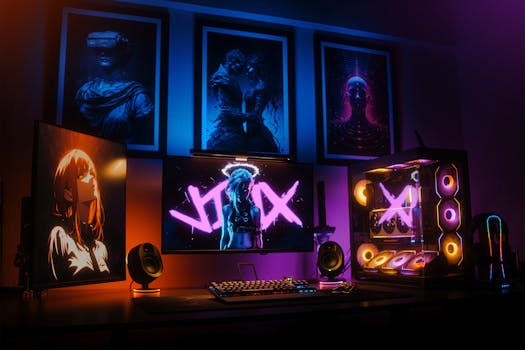 Modern gaming setup featuring neon lights, multiple screens, and art deco posters, perfect for tech enthusiasts.