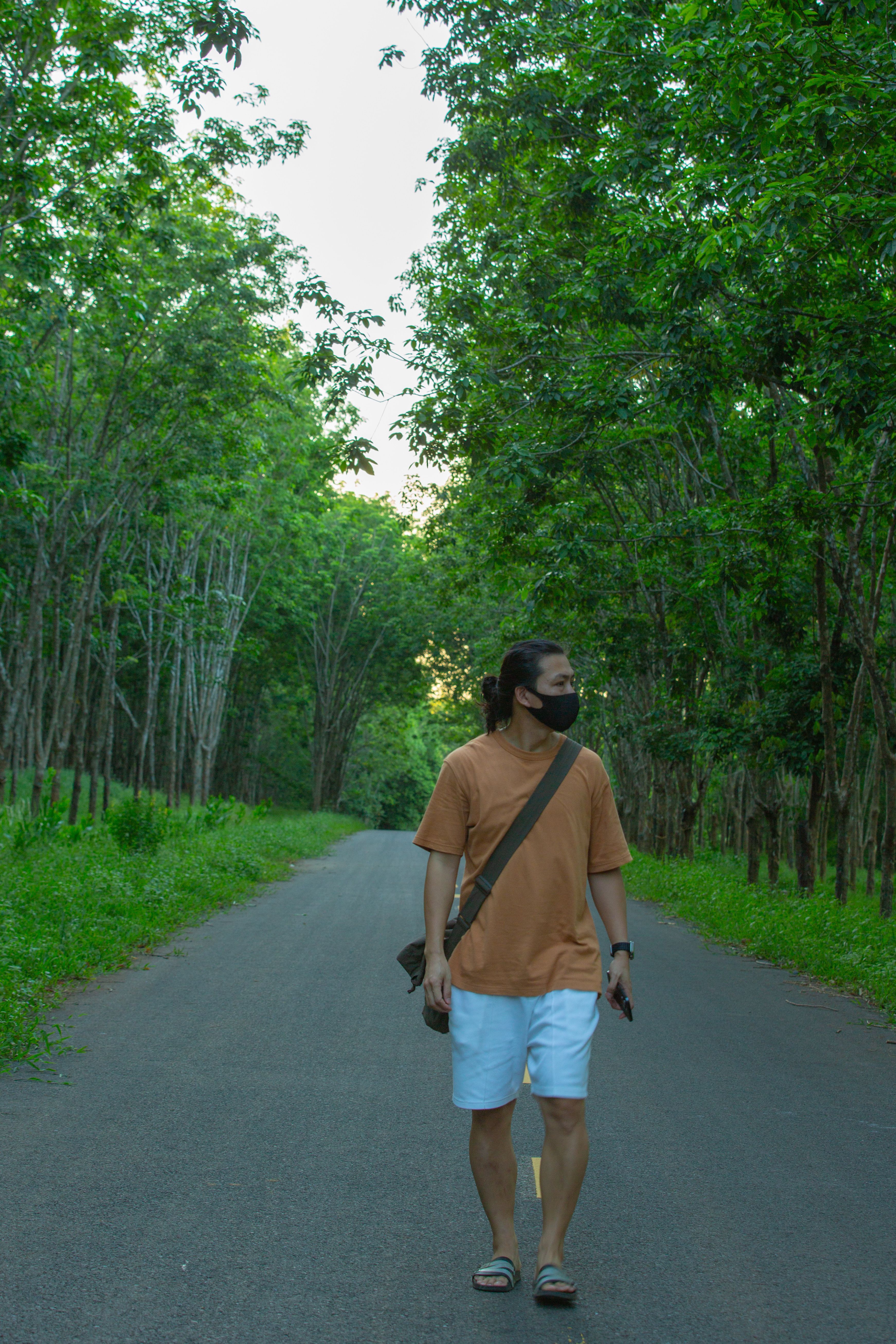 Man Walking on Tree-Lined Road in Casual Attire · Free Stock Photo