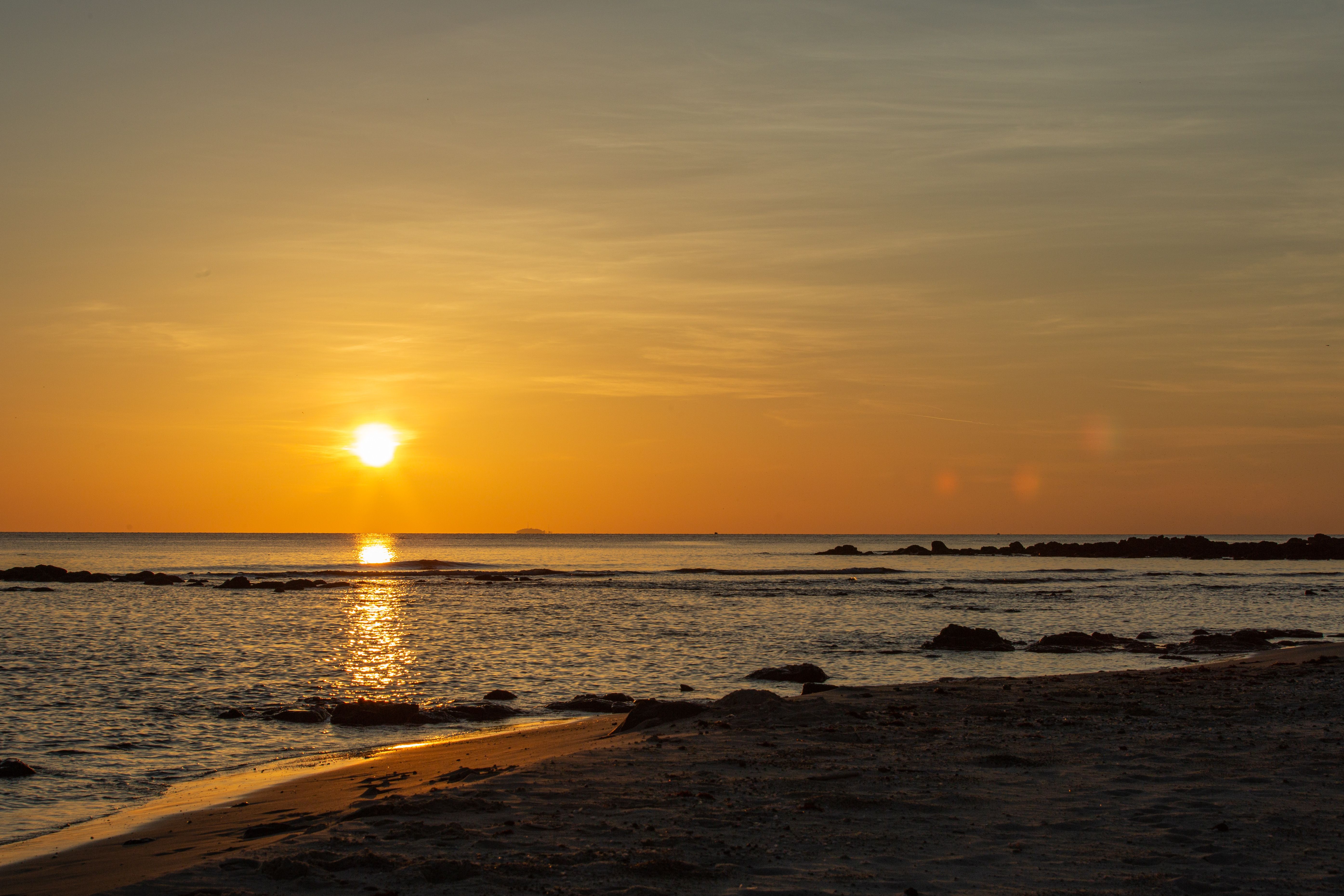 Serene Beach Sunrise with Golden Horizon · Free Stock Photo