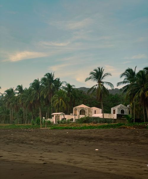 Free Peaceful beachfront villa surrounded by palm trees at sunset, ideal for travel inspiration. Stock Photo