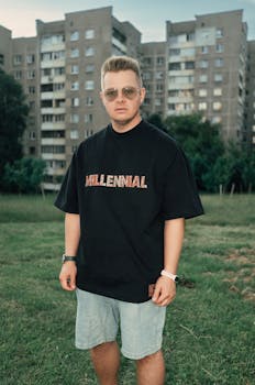 Man in sunglasses wearing 'Millennial' t-shirt outdoors in front of apartment buildings.
