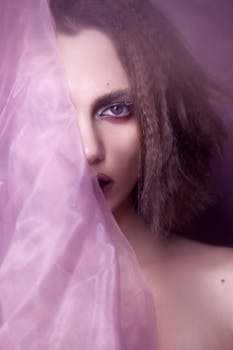 特写艺术肖像中，戏剧性的眼妆与纯粹的紫色面料相得益彰