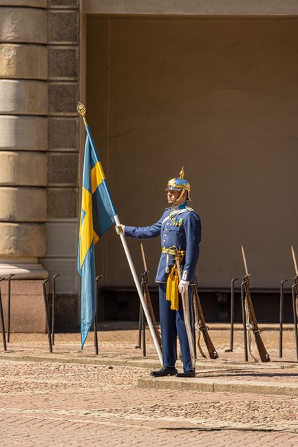 A royal guard in uniform holding the Swedish flag at Stockholm Palace, Sweden, in a ceremonial pose.