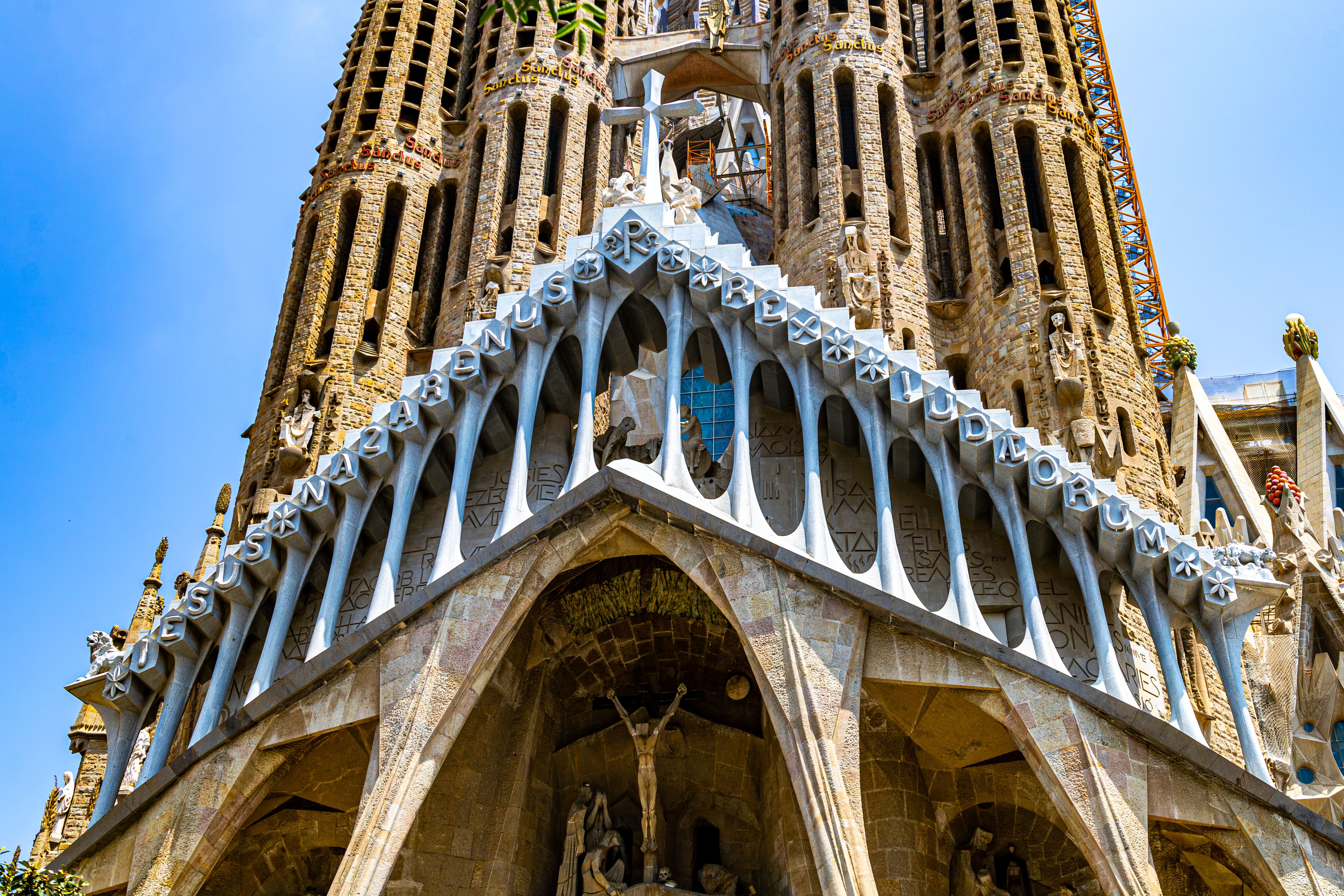 Close-up of Sagrada Família facade in Barcelona showcasing intricate architectural details.