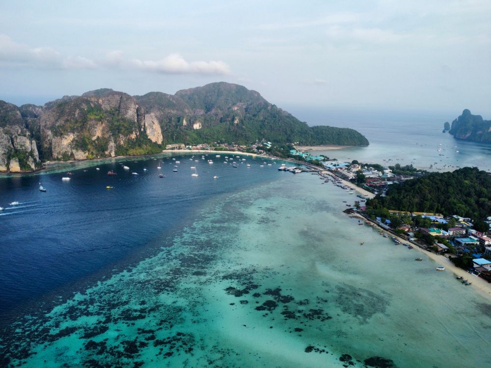 Aerial view of Phi Phi Islands Thailand - one of the cheapest beach destinations in Southeast Asia