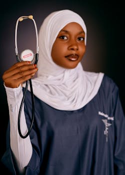 Confident female doctor in hijab posing with a stethoscope symbolizing healthcare professionalism.