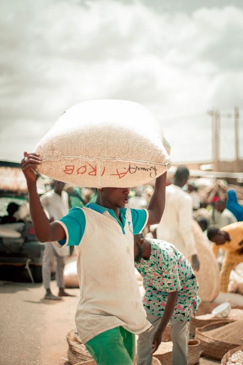 Free A bustling market scene with a worker carrying a large sack of grains on a sunny day. Stock Photo