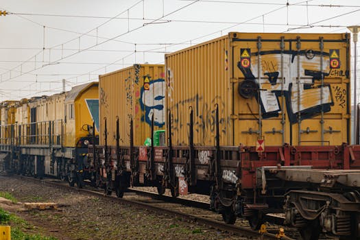 Freight train with graffiti-covered containers in Alcázar de San Juan, Spain.