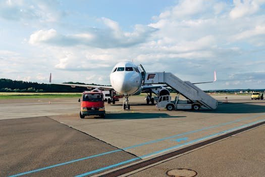 A passenger airplane on the tarmac at Bodensee Airport, Friedrichshafen, with boarding stairs and supportive vehicles.