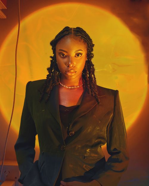 Free A striking portrait of a woman with dramatic lighting and artistic flair, captured indoors. Stock Photo