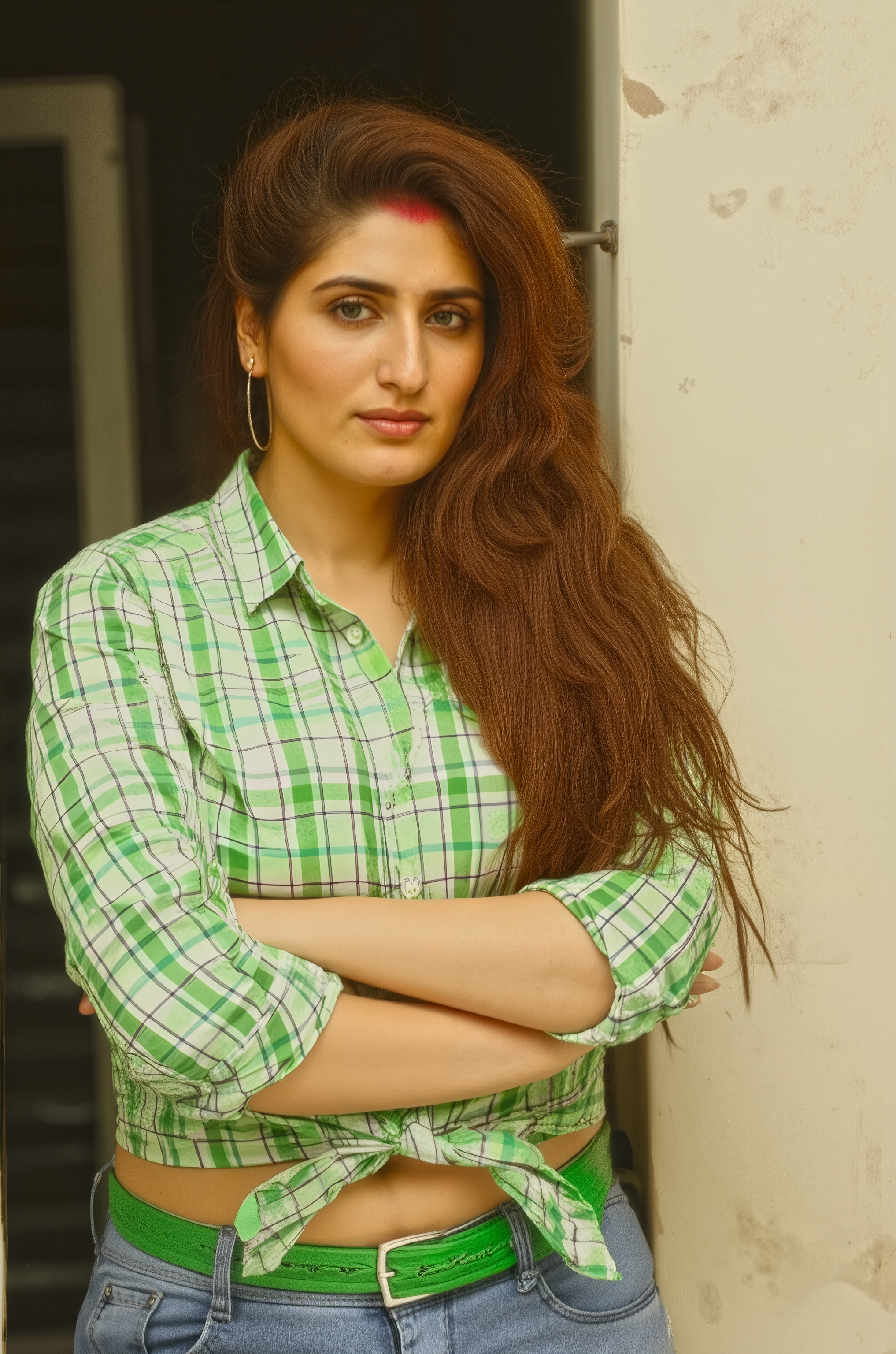 Portrait of an attractive woman in a green plaid shirt and jeans, standing confidently.