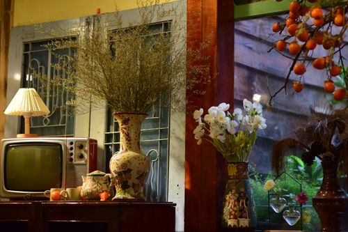 Free A cozy indoor setting with vintage TV, floral vases, and ambient lighting. Stock Photo