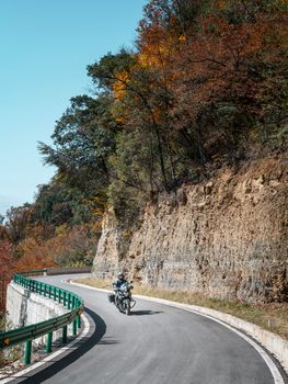 A motorcyclist rides on a curving mountain road lined with colorful autumn trees.
