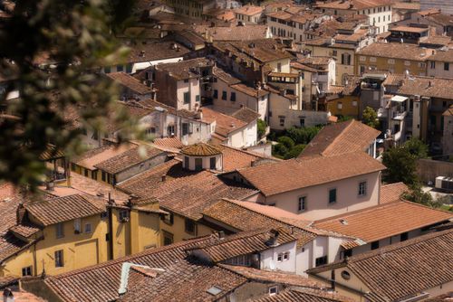 Free Panoramic view of Lucca's terracotta rooftops in Tuscany, Italy, showcasing historic architecture. Stock Photo