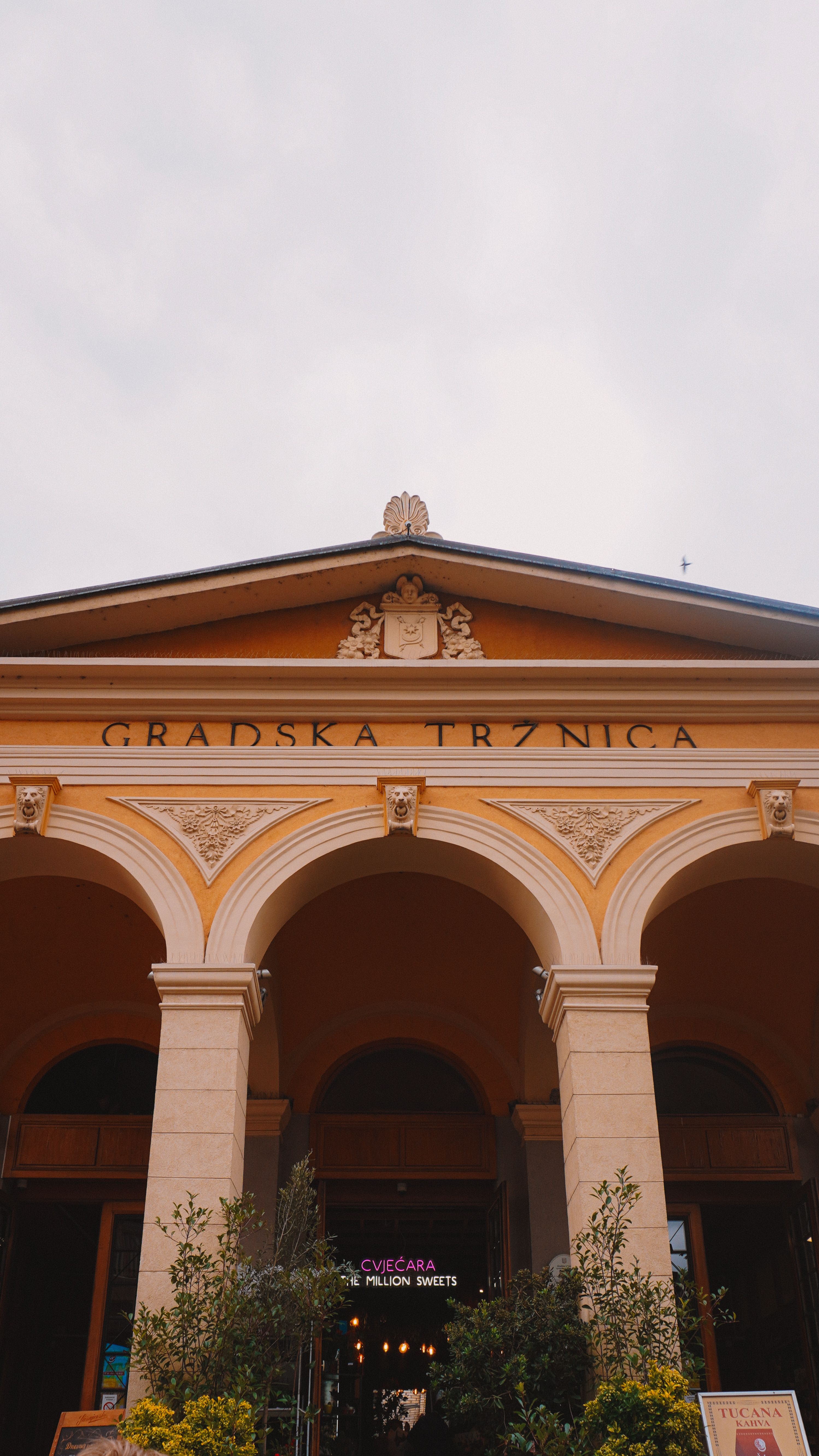 Facade of the Gradska Trznica historic market in Europe with architectural details.