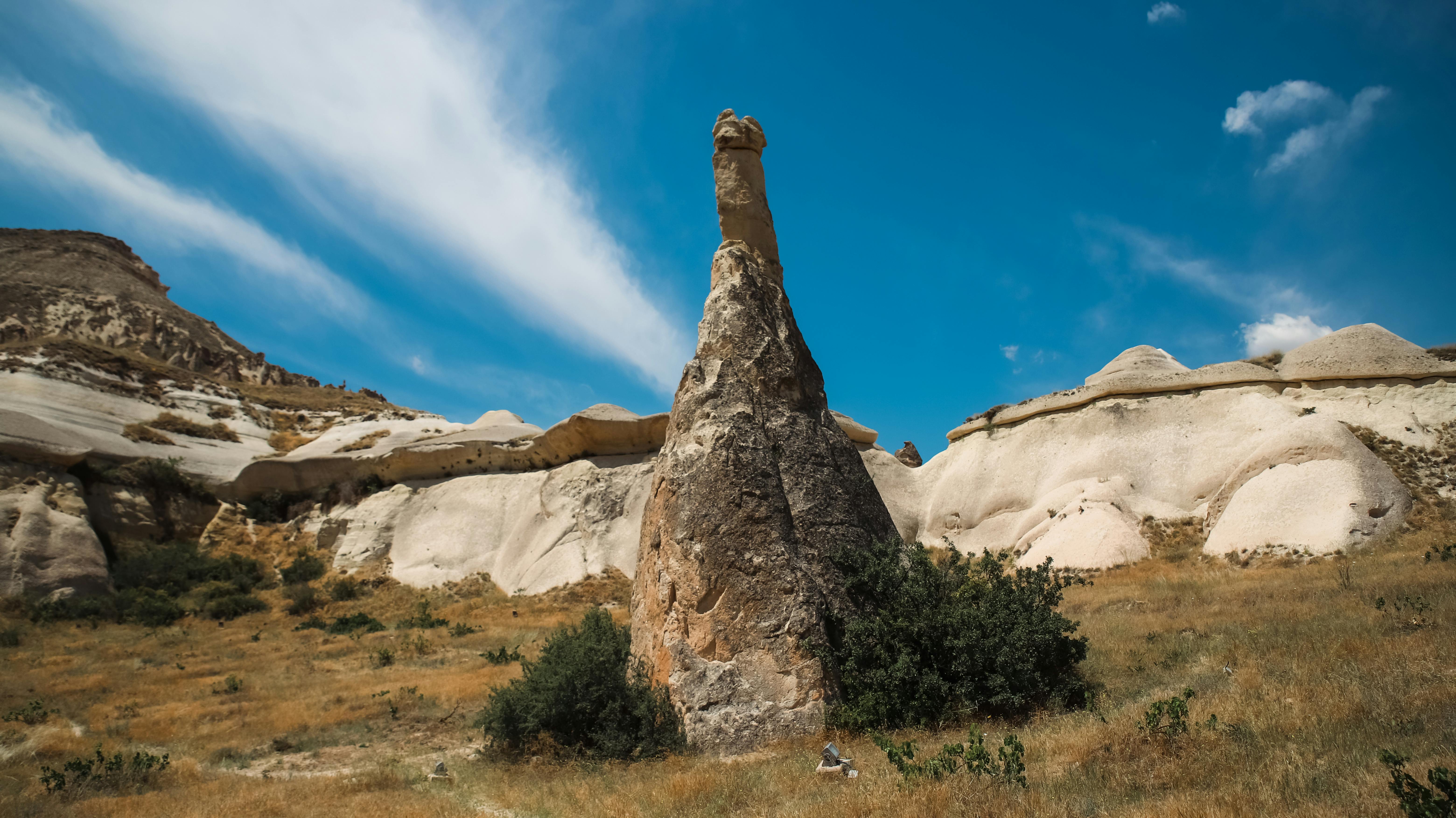 Majestic rock formations under blue sky in Cappadocia, perfect for nature lovers.
