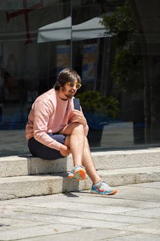Young man resting on a stone bench outdoors, wearing sunglasses and holding a smartphone.