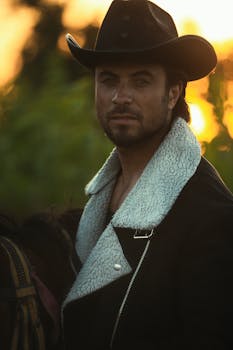 A rugged cowboy in a black hat and coat, with the golden sunset as a backdrop.