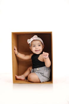 Cute baby sitting in a cardboard box, smiling joyfully with a headband. Ideal for playful and family themes.