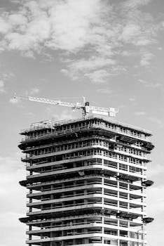 Monochrome image of a high-rise building under construction with crane, dramatic sky.