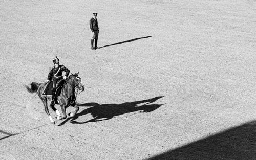 Free A mounted guard in traditional uniform parades on horseback with a shadowy observer in the background. Stock Photo