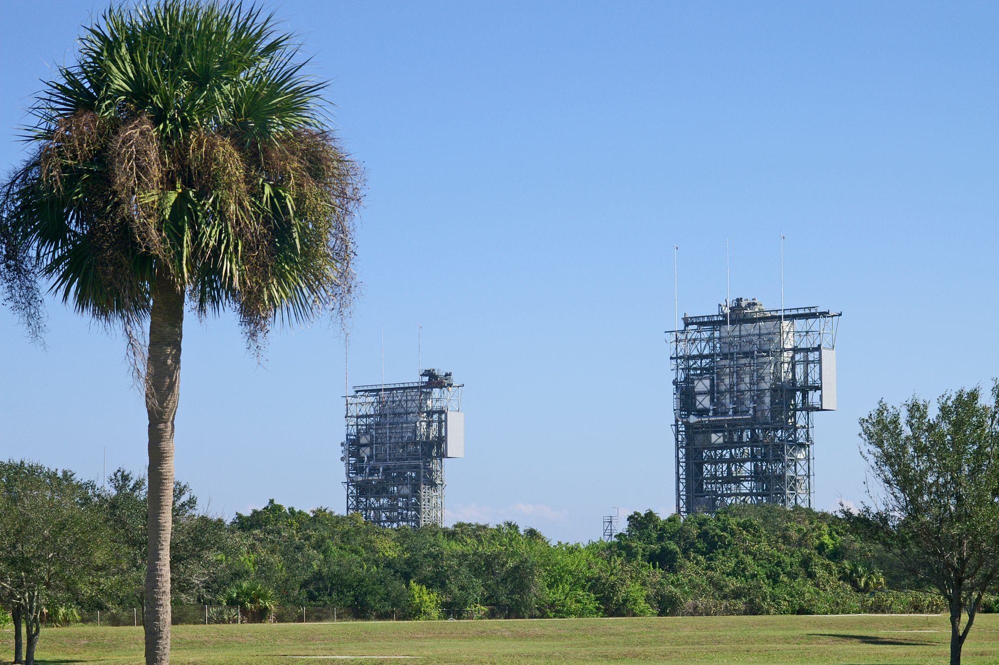 A view of launch pads amidst greenery at Cape Canaveral Space Force Station, Florida.