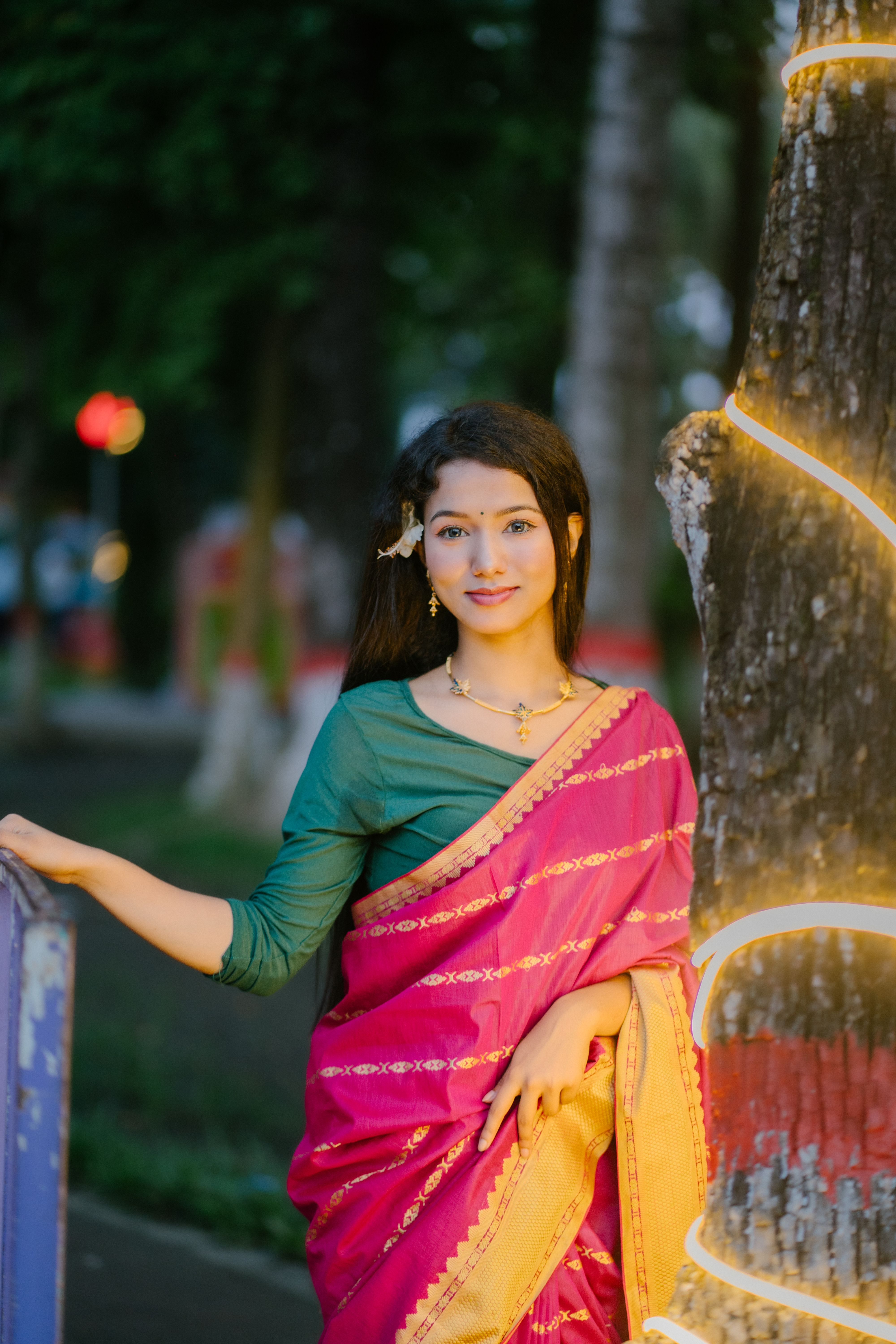 Woman in vibrant sari posing by a lit tree outdoors, showcasing cultural elegance.