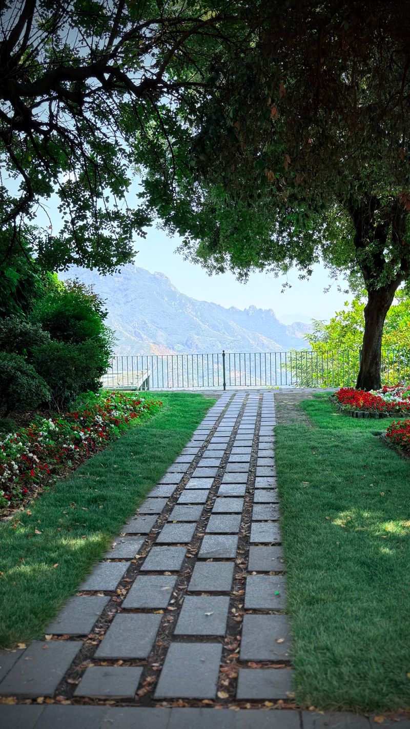 Garden stone path leading to a mountain overlook