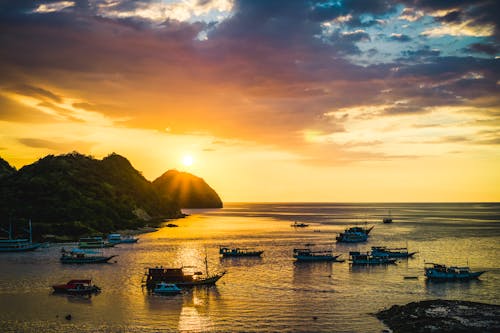 Free stock photo of boats, golden horizon, hill