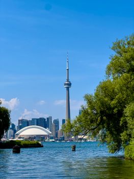 Bright view of Toronto skyline featuring CN Tower and Rogers Centre across the lake.