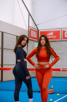 Two women stand confidently on a padel court in vibrant athletic outfits.