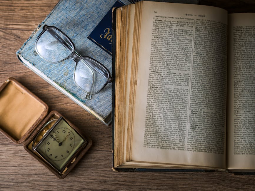 antique, book, glasses