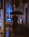 雨夜，一名男子撑着伞走在潮湿的街道上，四周是城市的灯光