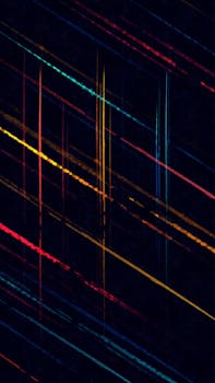 这幅充满活力的抽象画，以黑暗为背景，用色彩缤纷的对角线表达了能量与运动