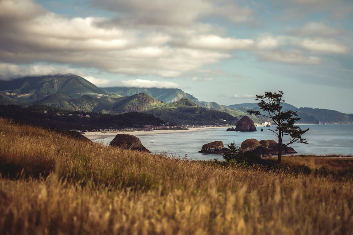Free Beautiful view of Cannon Beach, Oregon, featuring Haystack Rock with coastal mountains in the background. Stock Photo