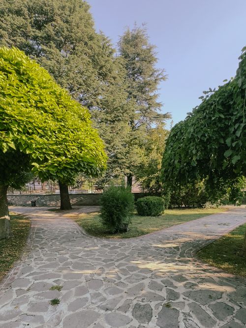 Free A serene summer park scene with a sunlit stone pathway and lush green trees in Elazığ, Türkiye. Stock Photo