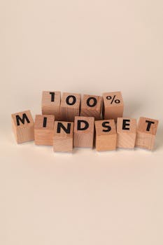 Wooden blocks spelling '100% MINDSET' symbolizing motivation and positive thinking.